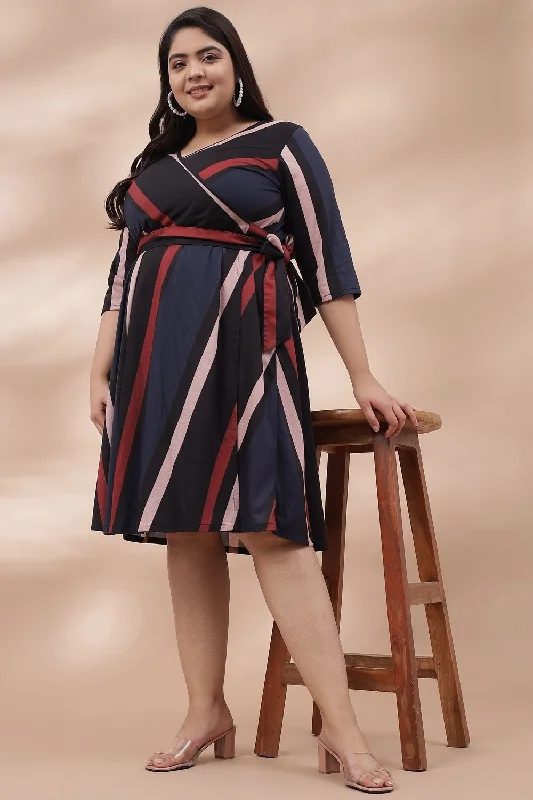 Navy Red Bold Stripes True Wrap Dress