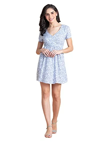 Rhysley Get Ready to Party in Style White Ditsy Print Mini Dress - Regular Fit, V-Neck, and Short Sleeves