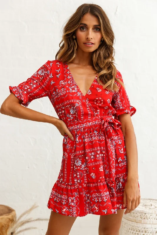 Rubi V-Neckline Wrap Dress Pattern Print Red