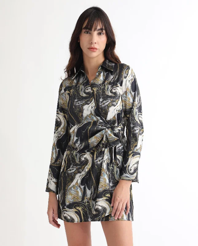 Rareism Women Sager Black Polyester Fabric Full Sleeves Tie-Up Closure Shirt Collar Regular Fit Abstract Print Short Wrap Dress