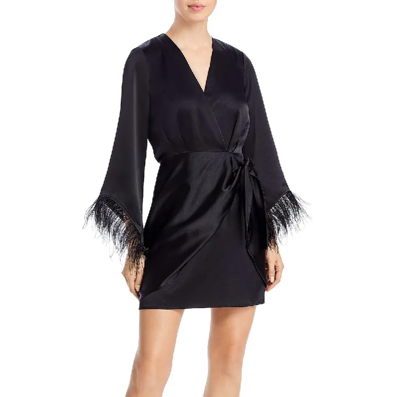 WAYF Womens Faux Feather Trim Mini Wrap Dress