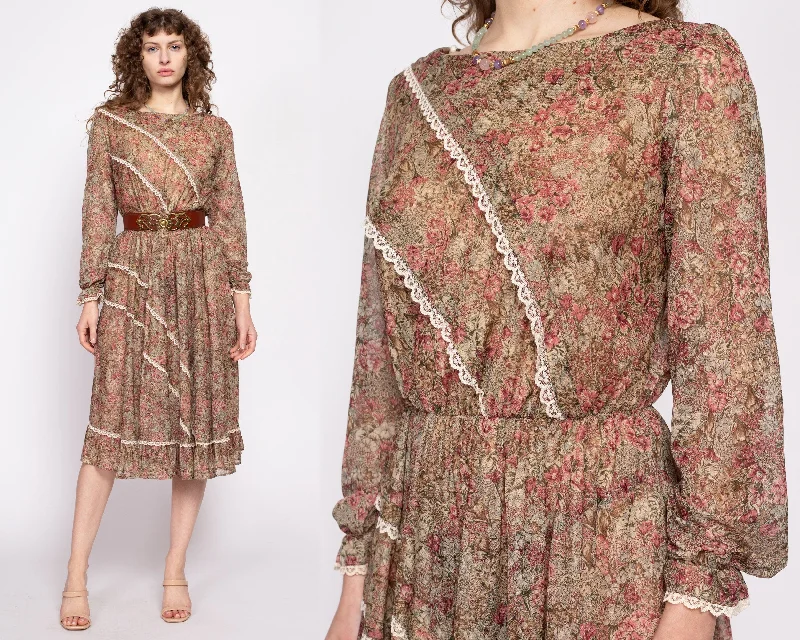 70s Boho Brown Floral Prairie Midi Dress - Medium