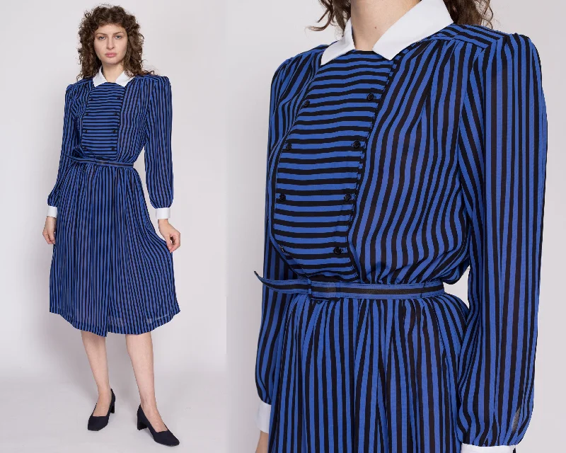 80s Black & Blue Striped Secretary Midi Dress - Medium