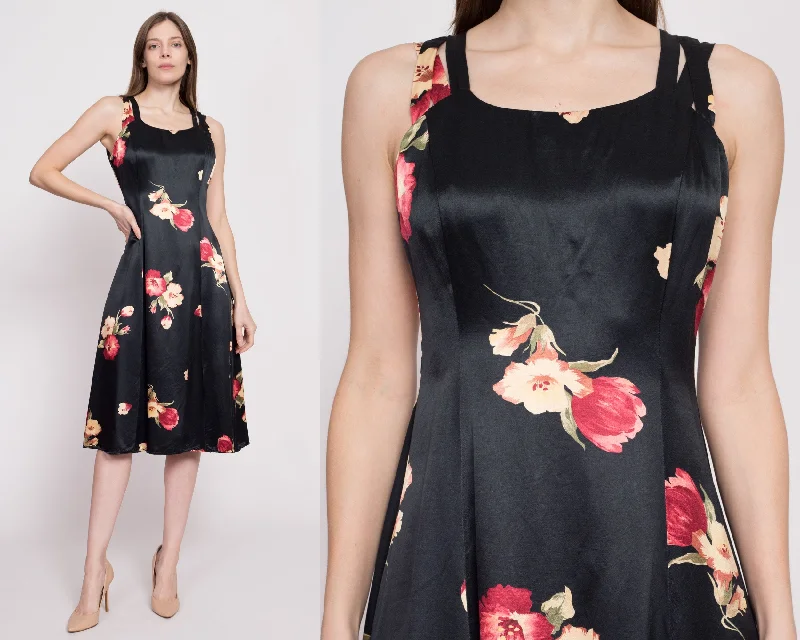 80s Black Floral Satin Midi Dress - Medium