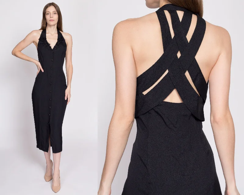 90s Black Strappy Keyhole Back Midi Dress - Medium