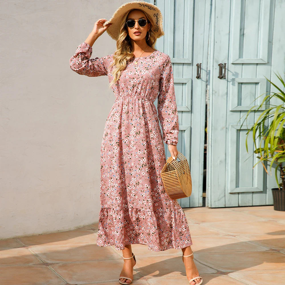 Sping Bohemian Women Maxi Casual Long Sleeve High Waist Chiffon Midi Dresses