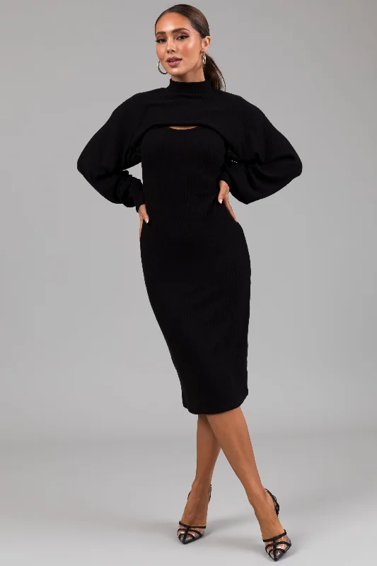 Black Knit Midi Dress with Bolero