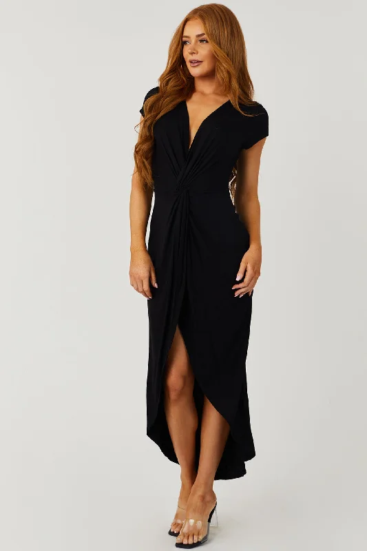 Chloe Black V Front Twist Knot Midi Dress