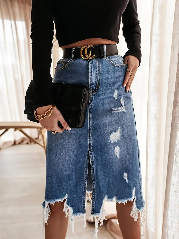 Distressed A-Line Ripped High Waist Split Denim Midi Dress