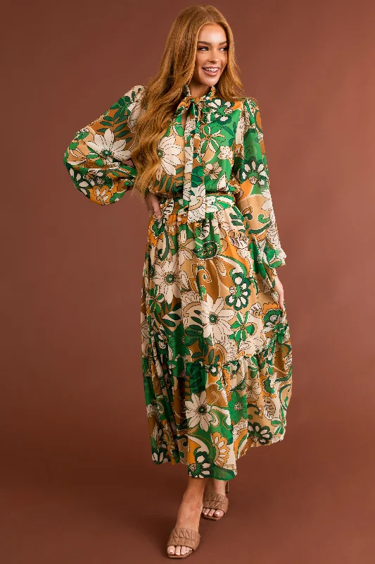 Flying Tomato Jade Floral Print Belted Waist Midi Dress