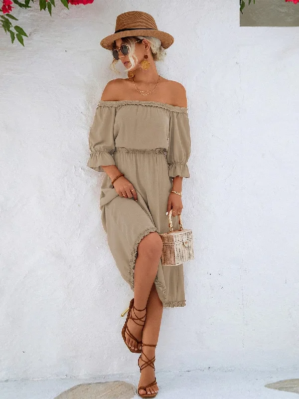 Frilled Off-Shoulder Flounce Sleeve Midi Dress