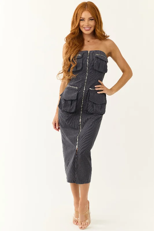 Graphite Strapless Cargo Zip Up Front Midi Dress