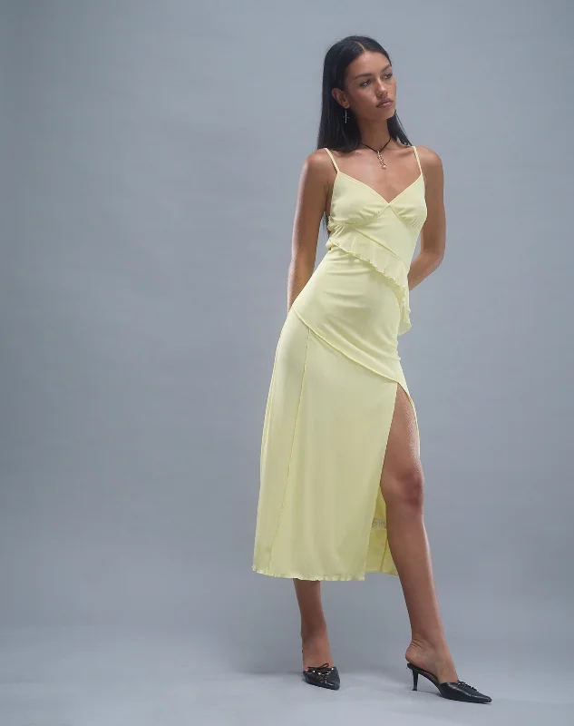 Jacy Ruffle Midi Dress in Mesh Lemon