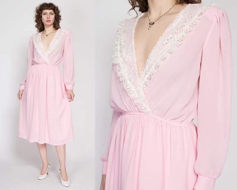 Medium 70s Baby Pink Lace Collar Midi Dress