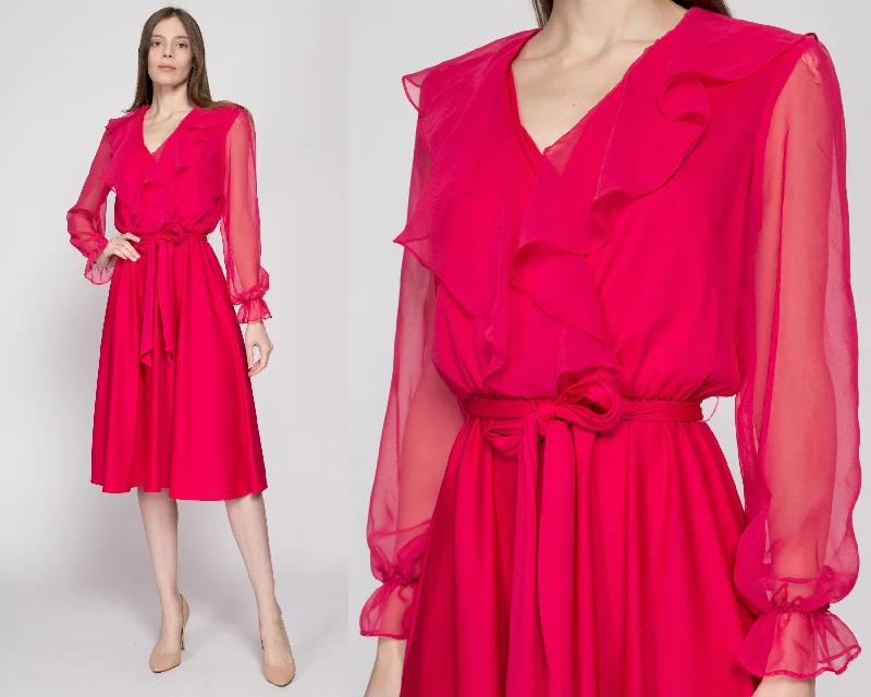 Medium 70s Raspberry Red Sheer Sleeve Midi Dress