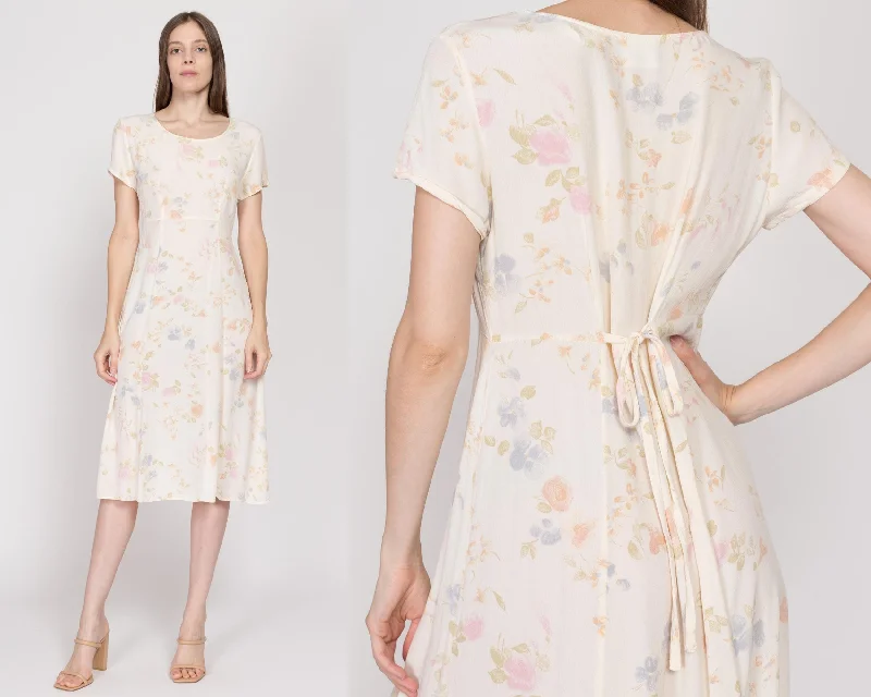 Medium 90s Cream Floral Tie Back Midi Dress