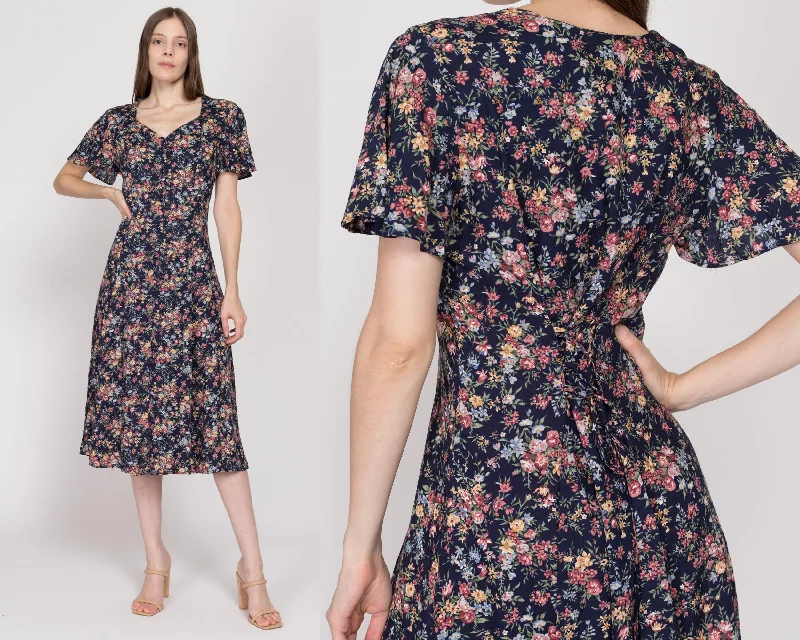 Medium 90s Navy Blue Floral Tie Back Midi Dress