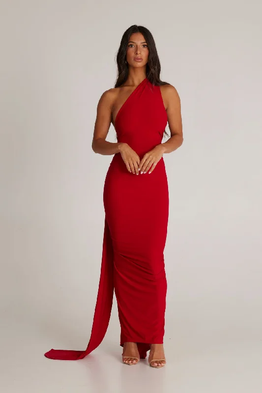 MÉLANI The Label CONSTANTINA Red Asymmetric Halterneck Midi Dress