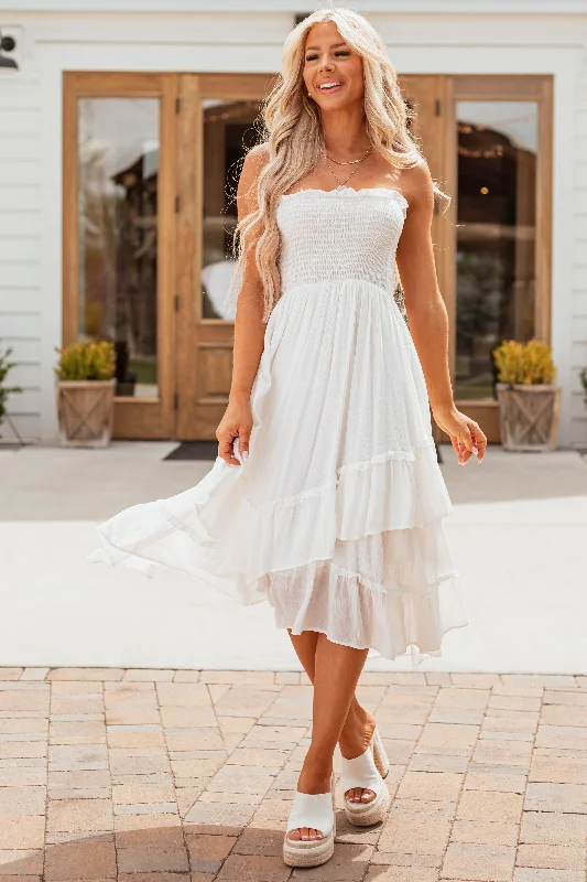 Off White Strapless Ruffle Tiered Midi Dress