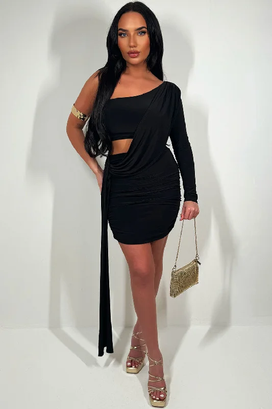 One Shoulder Cut Out Mini Dress With Drape Detail Black