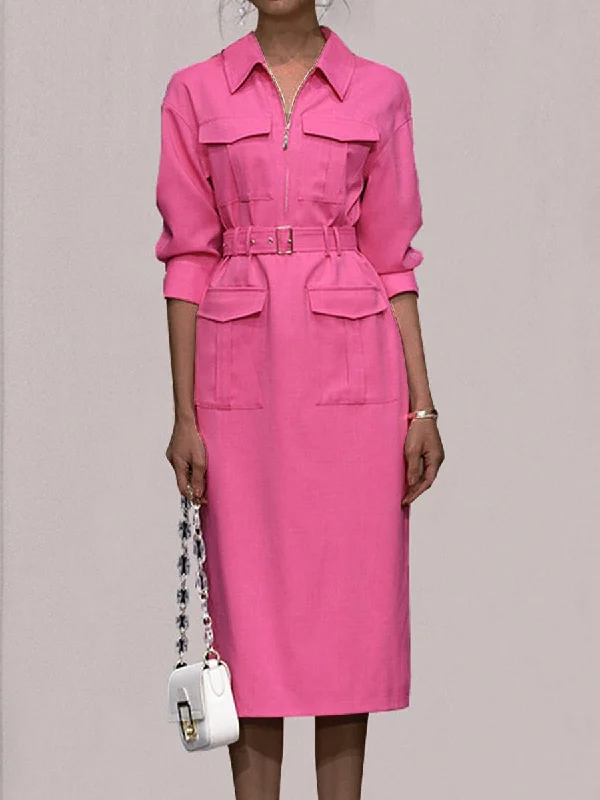 Multi-Pocket Safari Belted Collared Shirt Midi Dress