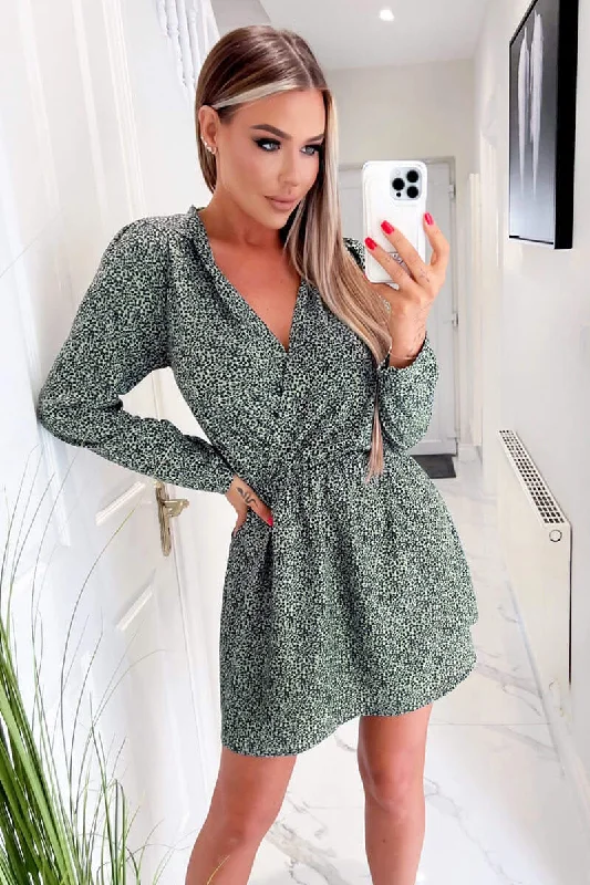 Sage And Black Printed Long Sleeve Mini Dress