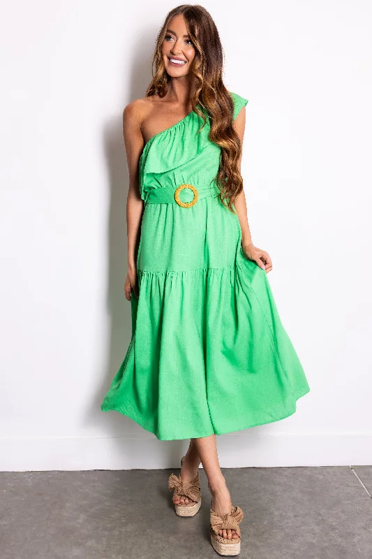 She+Sky Kelly Green Ruffle One Shoulder Midi Dress