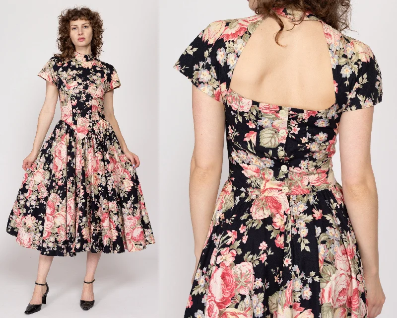 Small 80s Black & Pink Floral Princess Waist Midi Dress