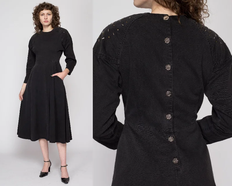 Small 80s Black Studded Button Back Midi Dress