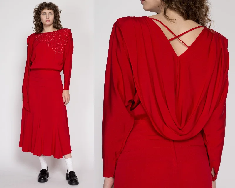 Small 80s Casadei Red Draped Back Midi Dress