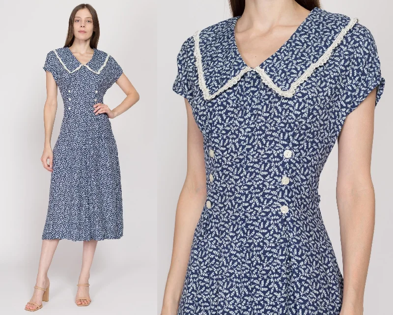 Small 80s Does 40s Blue Floral Midi Dress