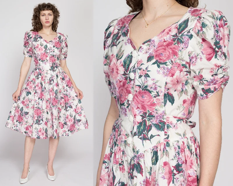 Small 80s Floral Puff Sleeve Fit & Flare Midi Dress