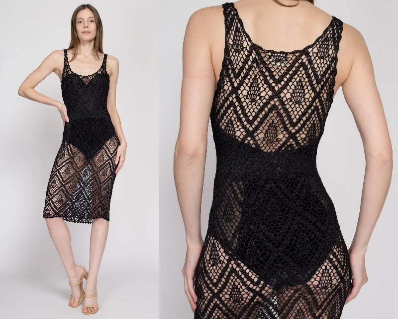 Small 90s Sheer Black Crochet Bodycon Midi Dress