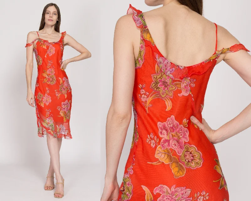 Small Y2K Blood Orange Silk Floral Midi Dress