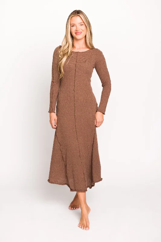 Selena Exposed Seam Midi Dress with Long Sleeves in Espresso (Lined)