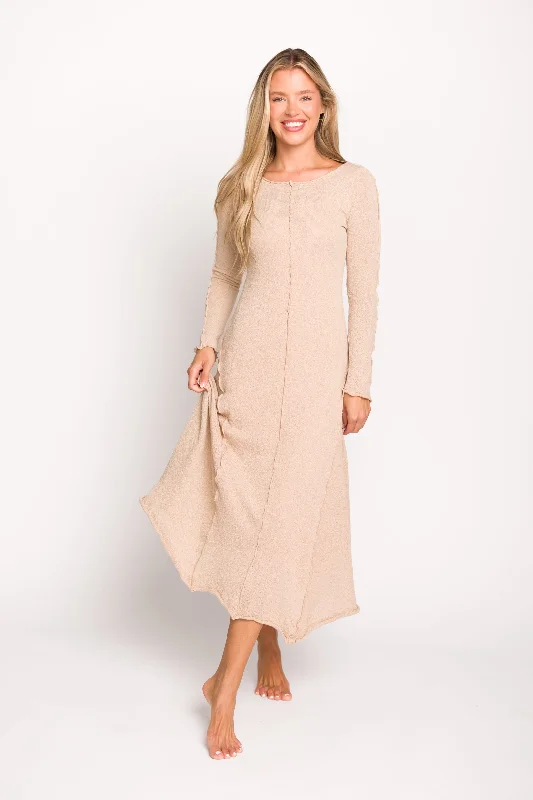 Selena Exposed Seam Midi Dress with Long Sleeves in Oatmeal (Lined)