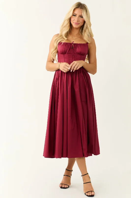 Wine Corset Sleeveless Front Slit Midi Dress