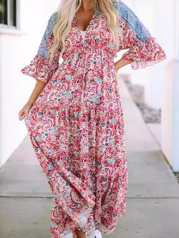 Fashion Print V Neck Long Sleeve Midi Dress