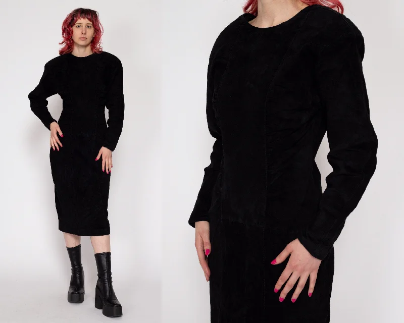 XS 80s Black Suede Long Sleeve Midi Dress