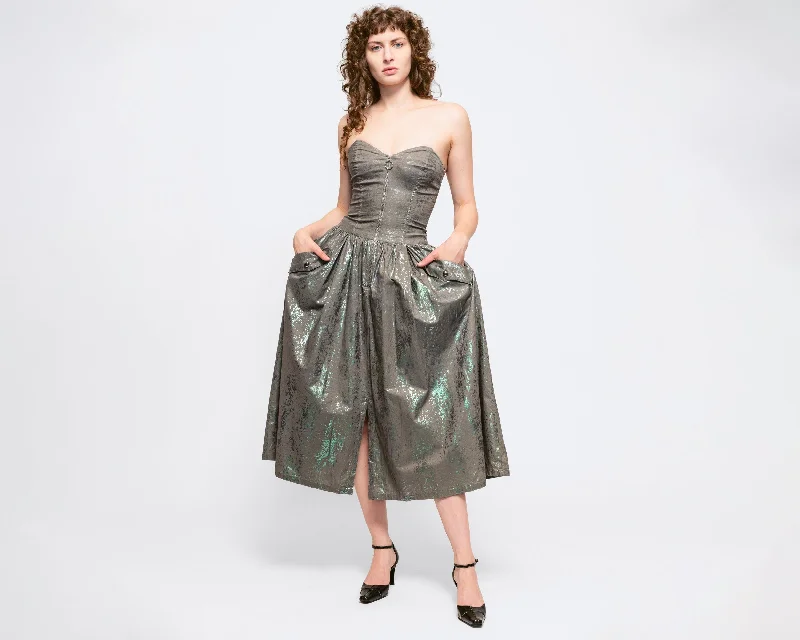 XS 80s Grey Lamé Strapless Fit & Flare Midi Dress