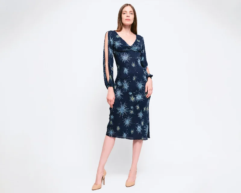 XS Y2K Diane Von Furstenberg Blue Firework Print Silk Midi Dress