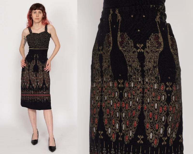 XXS-XS 70s Boho Black Peacock Midi Dress