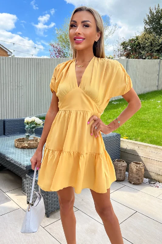 Yellow Short Sleeve Tie Back V Neck Mini Dress