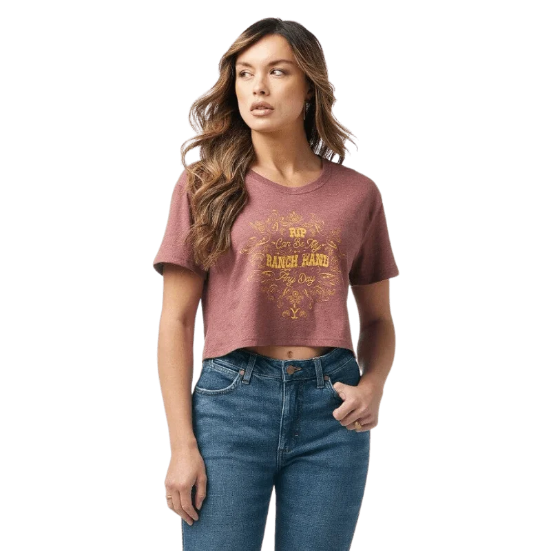 Wrangler Women's Yellowstone Ranch Hand Burgundy Heather Crop Tee 112323573 Print Jacquard Patchwork Wrangler Women's Yellowstone Ranch Hand Burgundy Heather Crop Tee 112323573 Print Jacquard Patchwork