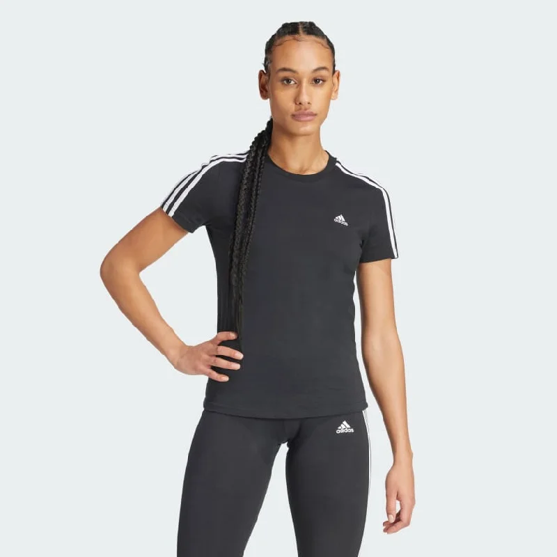 ADIDAS WOMEN'S LOUNGEWEAR ESSENTIALS SLIM 3-STRIPES BLACK TEE Ribbed T-Shirt High Neck Heavyweight ADIDAS WOMEN'S LOUNGEWEAR ESSENTIALS SLIM 3-STRIPES BLACK TEE Ribbed T-Shirt High Neck Heavyweight