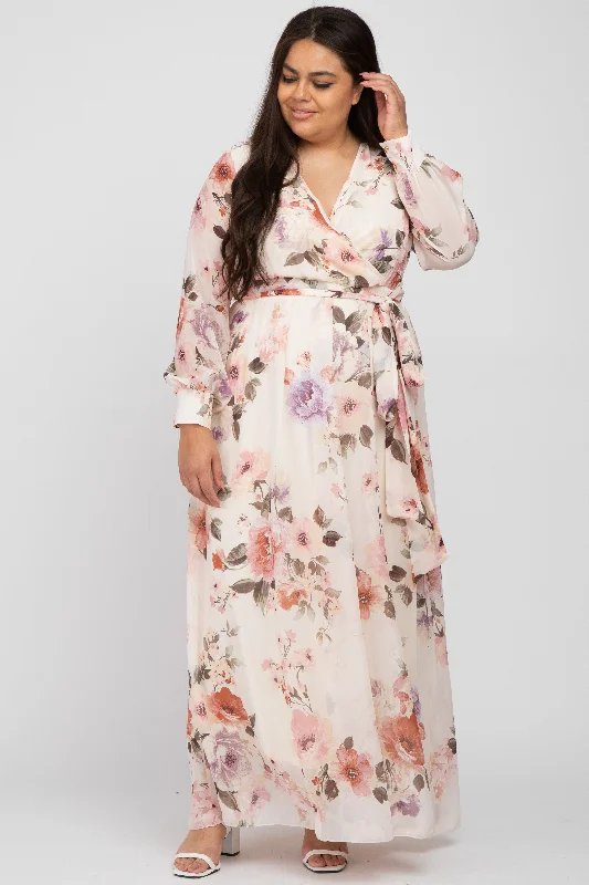 Cream Floral Chiffon Long Sleeve Pleated Maxi Dress