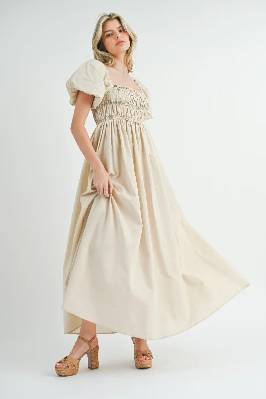 Cream Puff Sleeve Smocked Maxi Dress