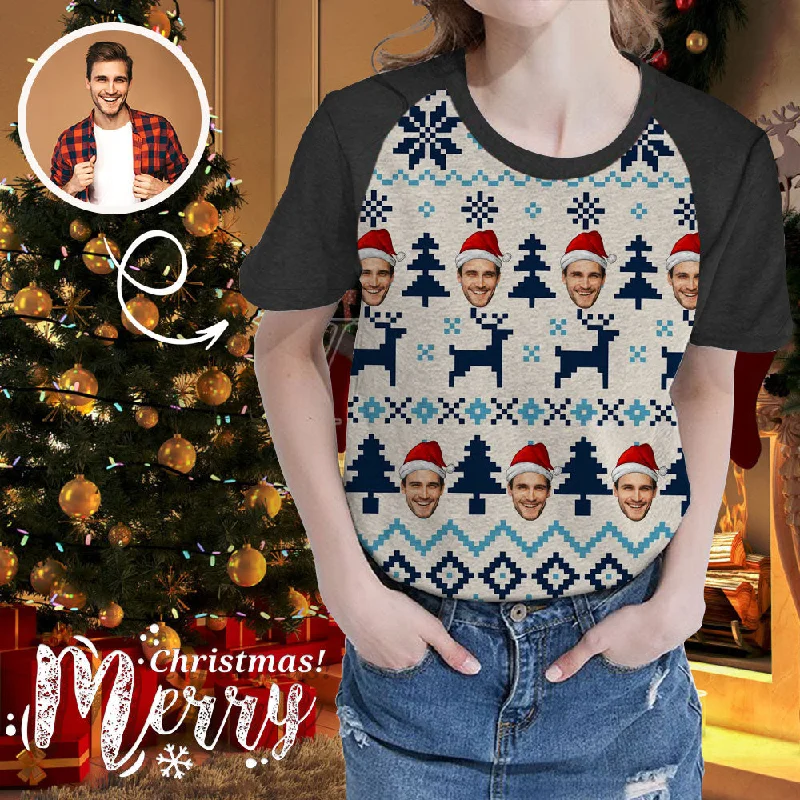 Custom Face Christmas Elk and Tree Women's All Over Print T-shirt Collared T-Shirt Boat Neck A-Line Custom Face Christmas Elk and Tree Women's All Over Print T-shirt Collared T-Shirt Boat Neck A-Line