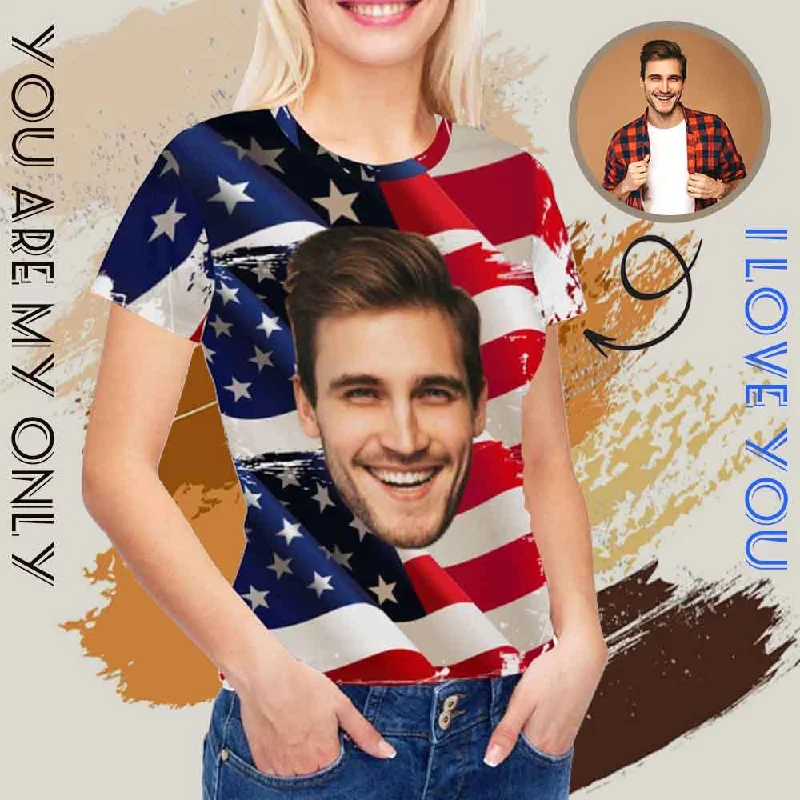 Custom Face American Flag Women's All Over Print T-shirt Handmade Hand-knitted Hand-woven Custom Face American Flag Women's All Over Print T-shirt Handmade Hand-knitted Hand-woven