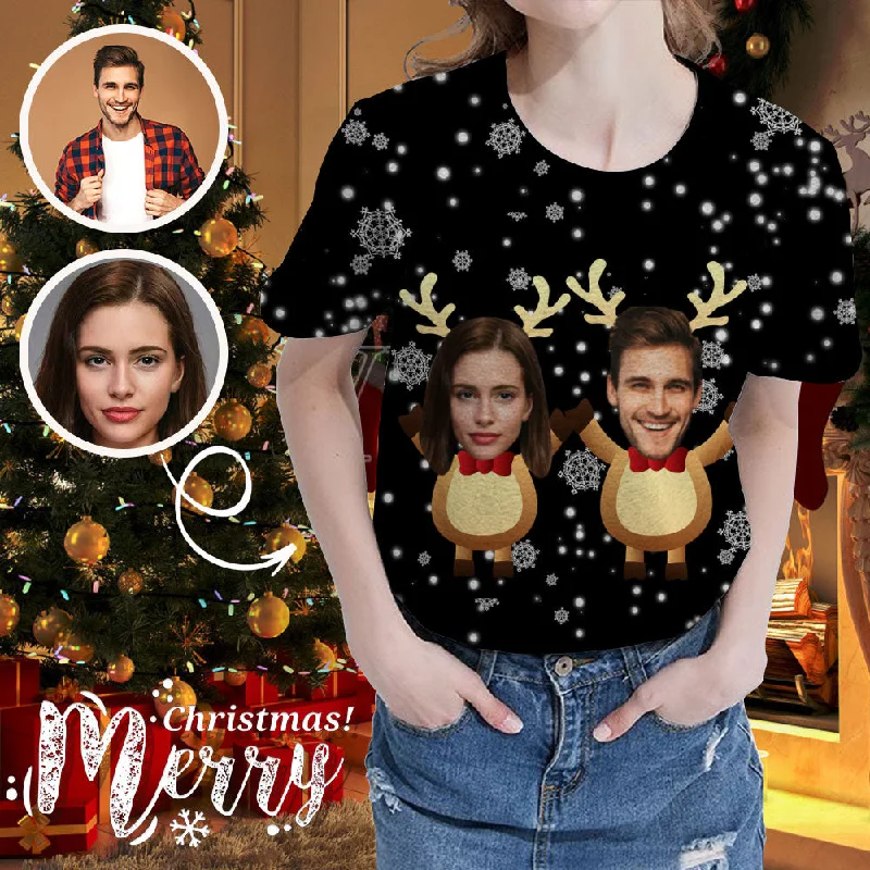 Custom Face Christmas Deer Women's All Over Print T-shirt Graphic Embroidered Appliqued Custom Face Christmas Deer Women's All Over Print T-shirt Graphic Embroidered Appliqued